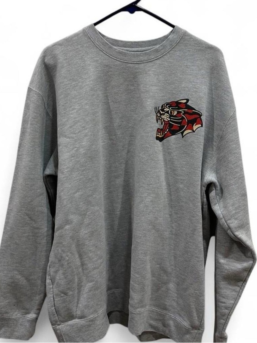 Grey Crewneck Sweatshirt with Red Panther Graphic